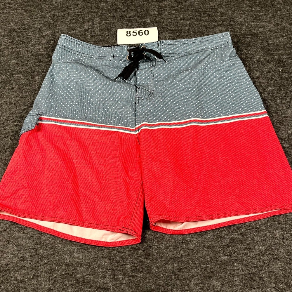 B.Split Board Shorts Mens 2XL Blue Red Polka Dot Flat Front Drawstring Surf Gear
